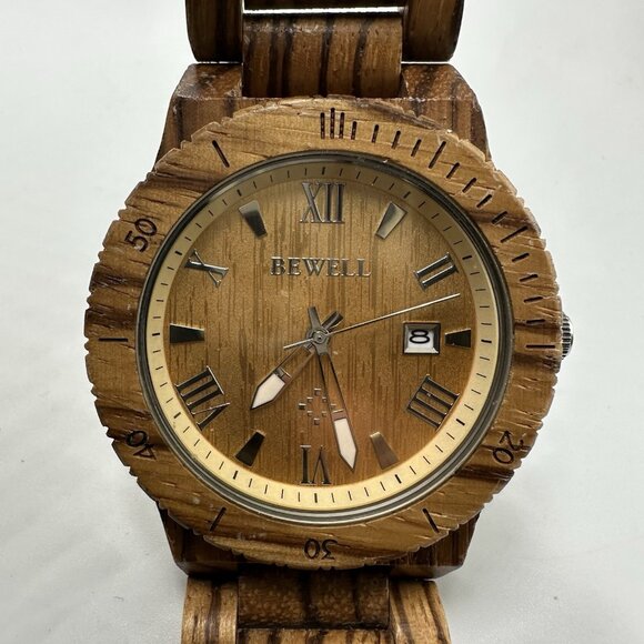 Bewell Mars Watch Men Brown Zebra Wood Date Window New Battery 7.25 Inch - Picture 1 of 10